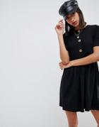 Asos Design Mixed Fabric Mini Smock Dress With Faux Horn Button - Black
