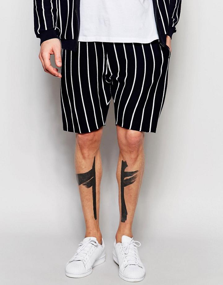 Asos Knitted Shorts With Pinstripes - Navy