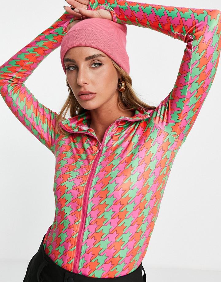 Liquorish Ski Base Layer Zip Up Top In Bright Pink Dog Tooth-multi