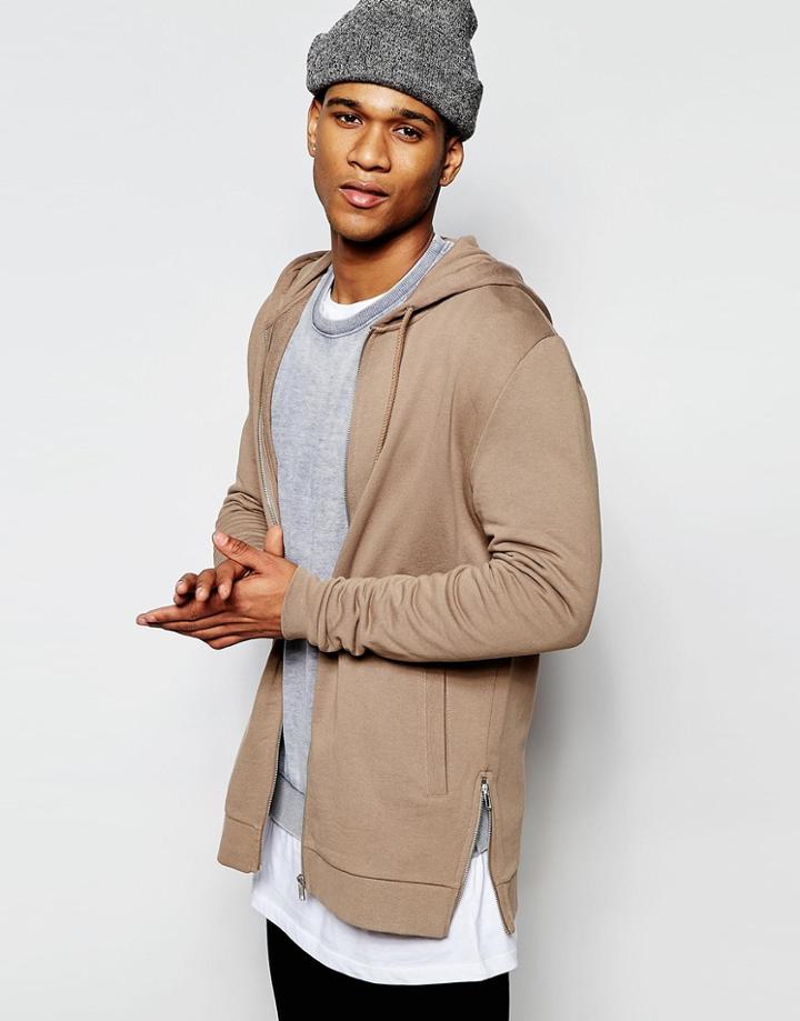Asos Longline Hoodie With Gold Side Zips In Beige - Beige
