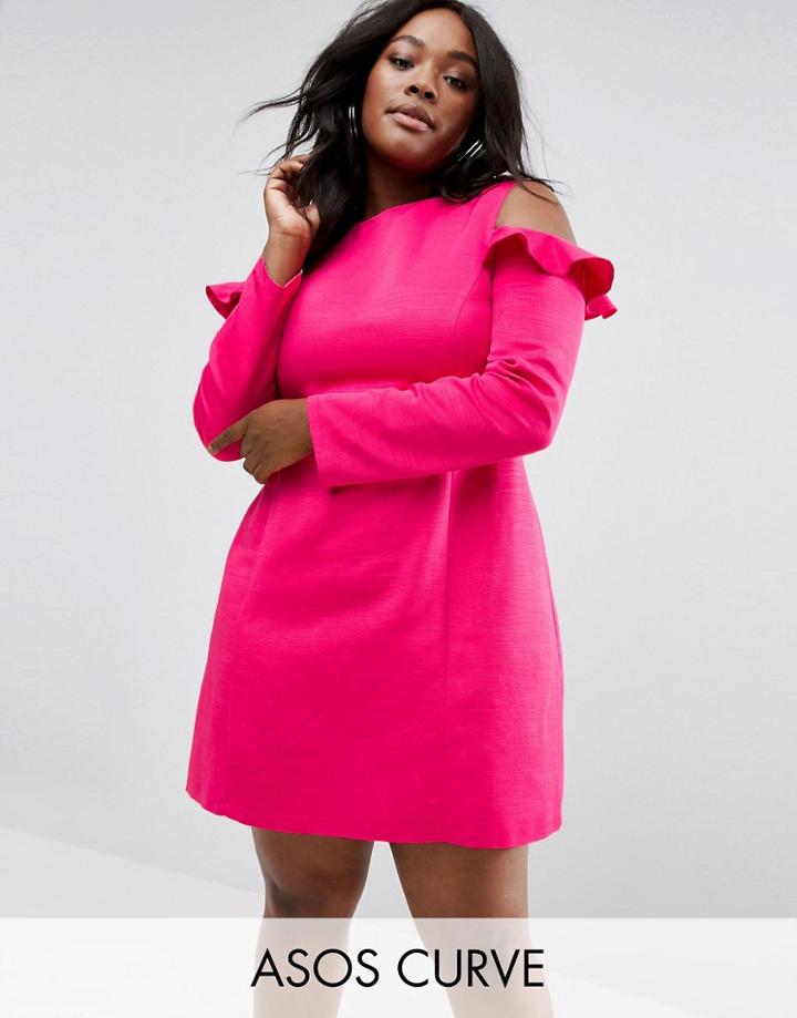 Asos Curve Cold Shoulder Structured Dress With Ruffle - Pink