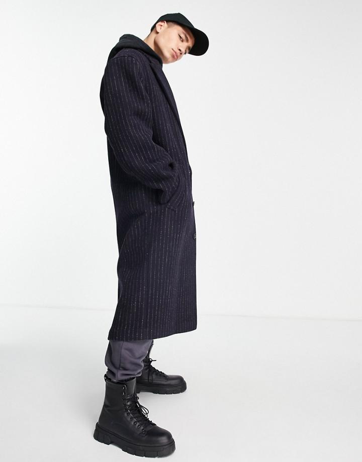 Asos Design Oversized Wool Mix Overcoat In Navy Pinstripe With Gray Heather Hood