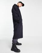 Asos Design Oversized Wool Mix Overcoat In Navy Pinstripe With Gray Heather Hood