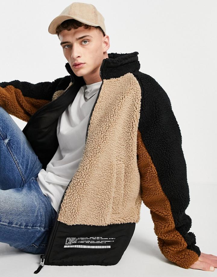 Topman Fleece Funnel Jacket In Color Block Camel And Black-neutral