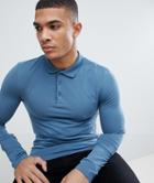 Asos Design Long Sleeve Muscle Fit Jersey Polo In Blue - Gray