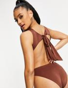 Asos Design Tie Back High Neck Swimsuit In Chocolate Brown