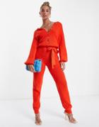 Never Fully Dressed Collared Tie Waist Super Soft Knitted Jumpsuit In 70s Rust-multi