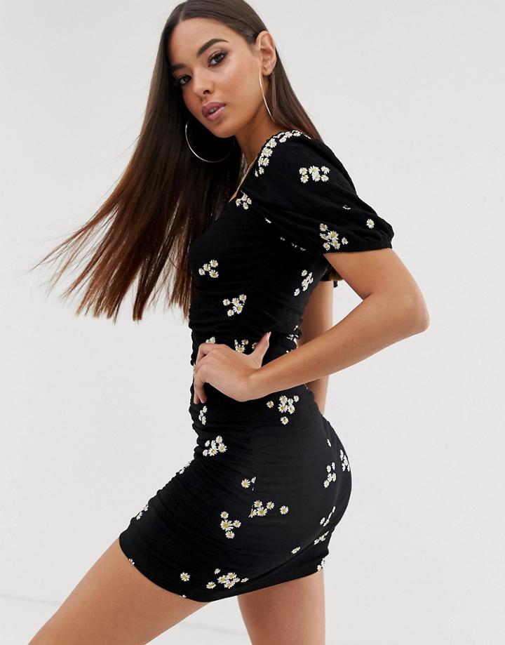 Asos Design Daisy Embroidered Ruched Mini Sundress - Black