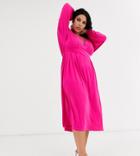 Asos Design Curve Long Sleeve V Neck Midi Dress-pink