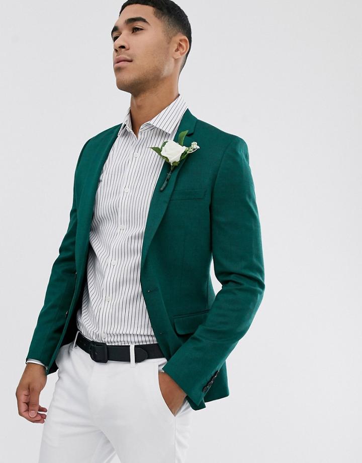 Asos Design Wedding Super Skinny Wool Mix Blazer In Green