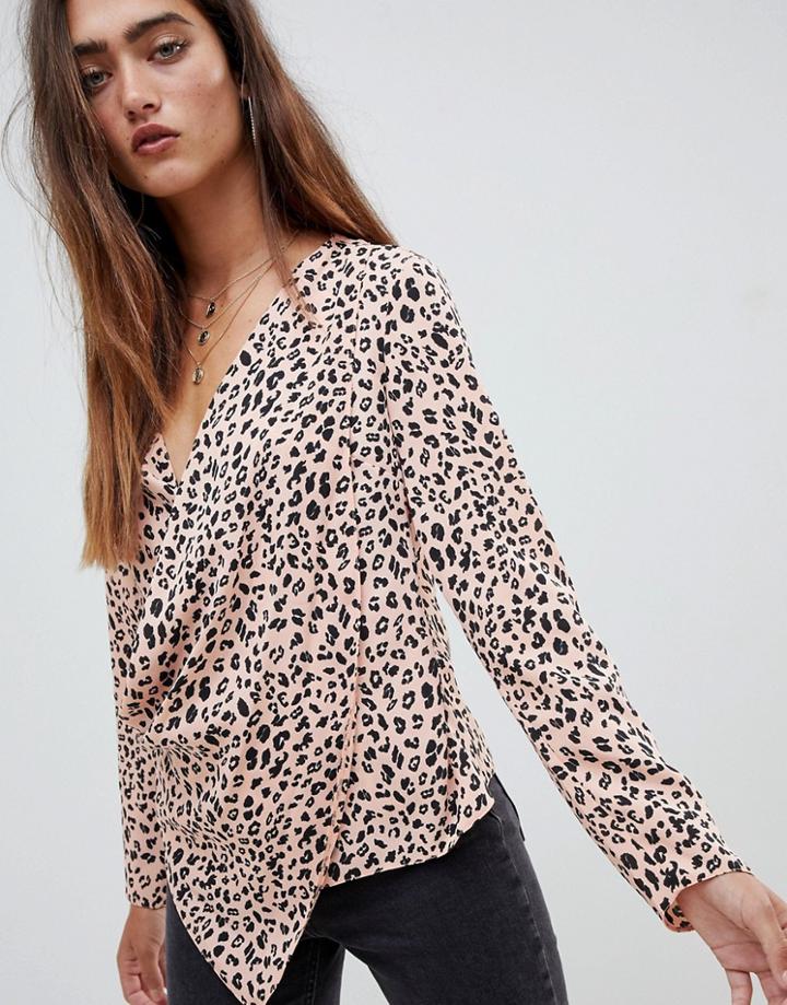 Asos Design Top With Wrap Plunge Neck In Leopard Print - Multi