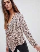 Asos Design Top With Wrap Plunge Neck In Leopard Print - Multi