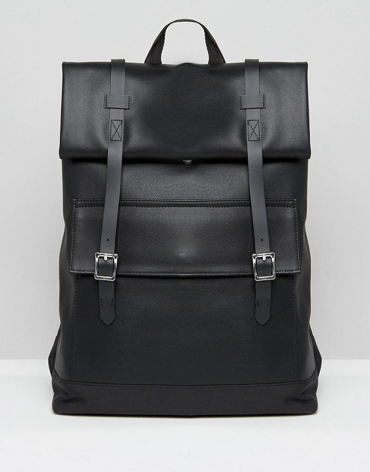 Asos Smart Backpack In Faux Leather With Roll Top - Black