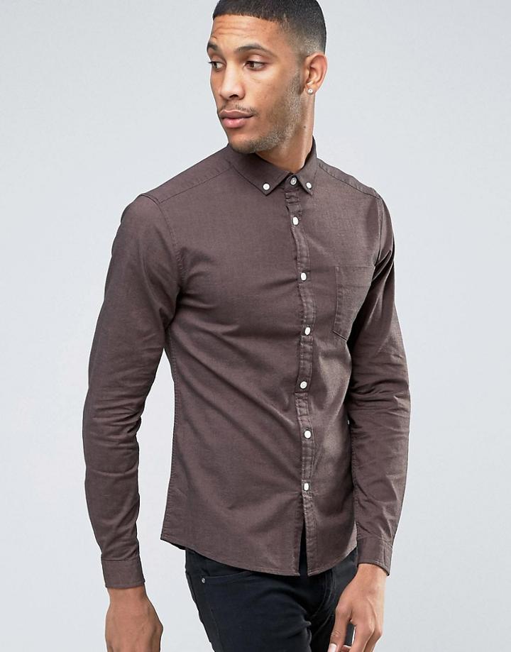 Asos Skinny Oxford Shirt In Brown - Tan