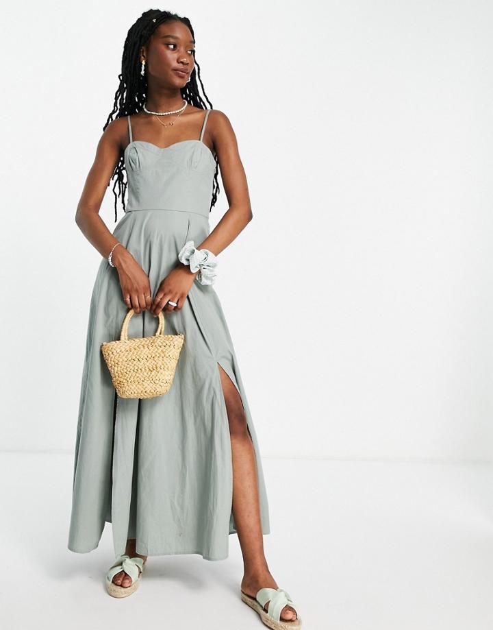 Asos Design Cotton Maxi Dress In Khaki-green