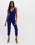 Asos Design Wrap Front Jumpsuit With Peg Leg And Self Belt - Navy
