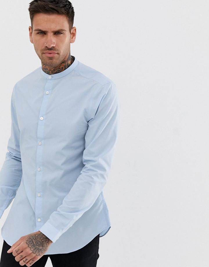 New Look Regular Fit Shirt With Grandad Collar In Light Blue - Blue