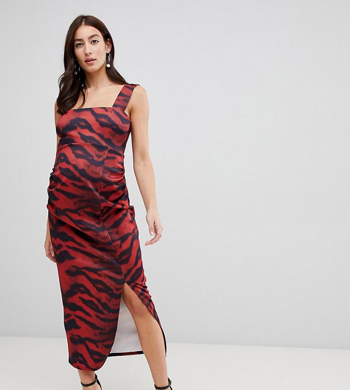 True Violet Maternity Scuba Square Neck Bodycon Midi Dress In Tiger Print-multi