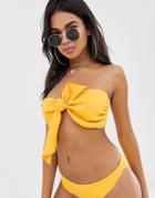 Asos Design Neoprene Bow Front Bandeau Bikini Top In Golden Yellow