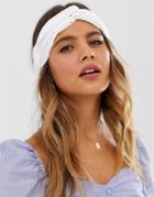 Asos Design Headband With Twist Front In Broderie In White - White
