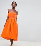 Asos Design Tall Bardot Pleated Waist Scuba Midi Prom Dress-orange