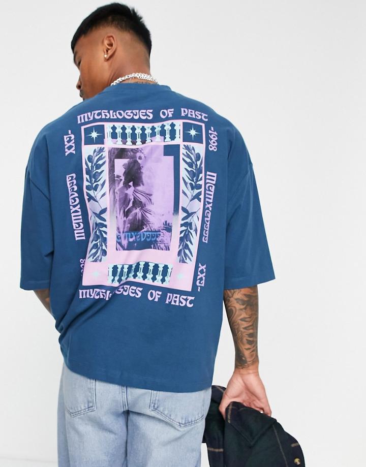 Asos Design Oversized T-shirt In Washed Navy With Photographic Statue Back Print
