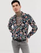 Devils Advocate Slim Fit Viscose Print Floral Soft Long Sleeve Shirt-black