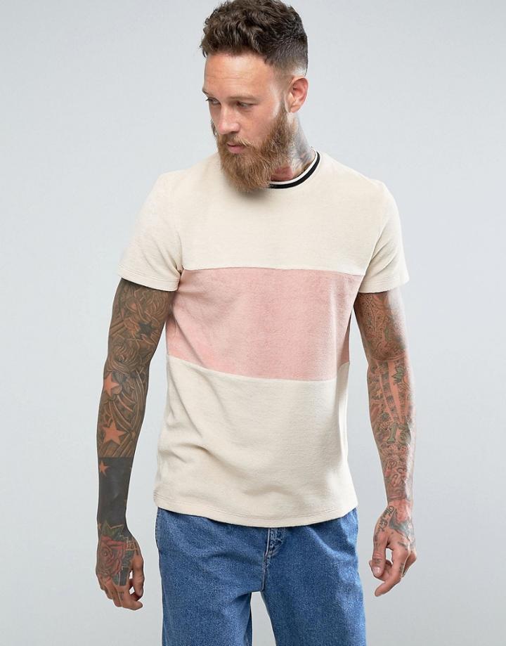 Asos T-shirt In Towelling With Cut And Sew Body Panel And Tipping In Beige - Beige