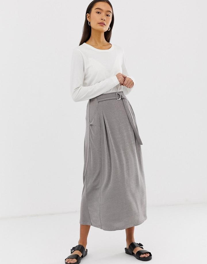 Asos Design Wrap D-ring Midi Skirt In Jersey With Pockets - Gray