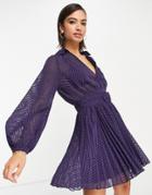 Asos Design Pleated Mini Skater Shirt Dress In Chevron Texture In Navy