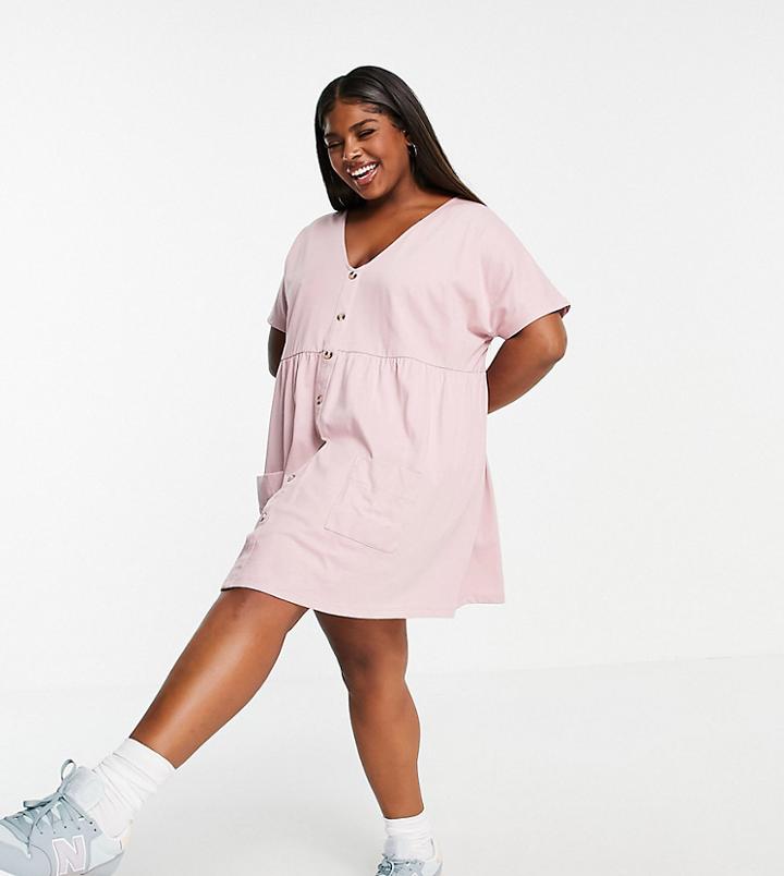 Asos Design Curve Button Through Mini Smock Dress With Pockets In Rose-pink