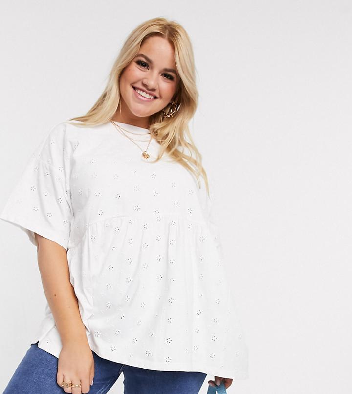 Asos Design Curve Smock Top In All Over Broidery-white