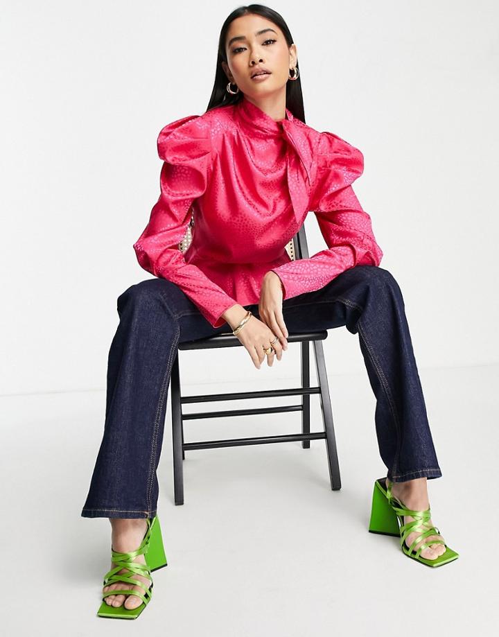 River Island Tie Neck Puff Sleeve Blouse In Bright Pink