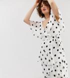Warehouse Wrap Dress With Ruffles In Polka Dot - White