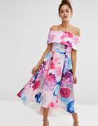 Asos Placed Floral Dip Back Bardot Off Shoulder Maxi Dress - Floral