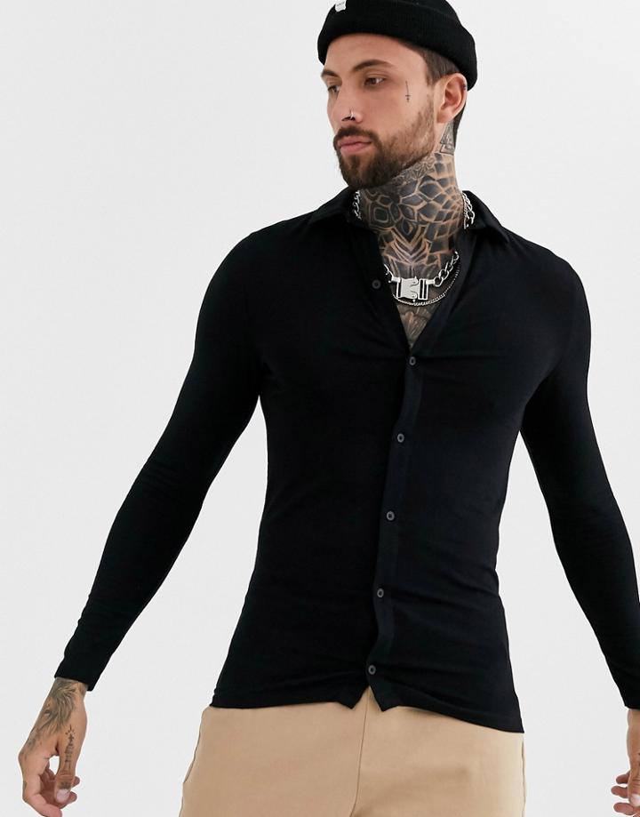 Asos Design Organic Blend Muscle Fit Long Sleeve Jersey Shirt In Black