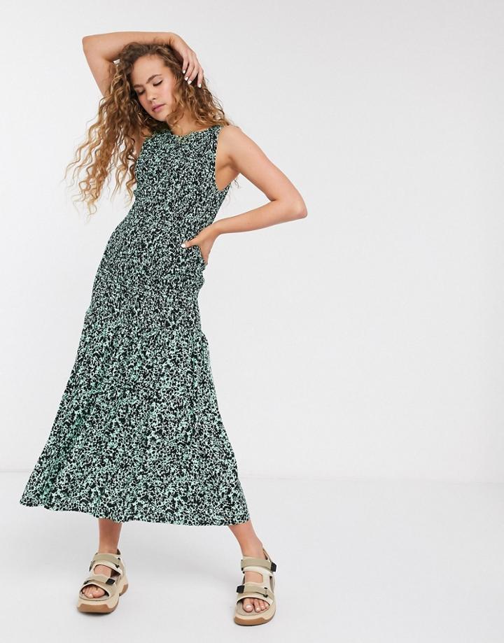 Weekday Josephine Paint Print Shirred Midi Dress In Green-neutral