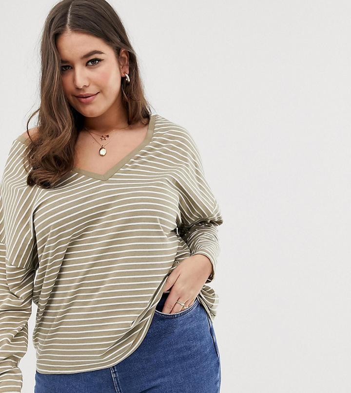 Asos Design Curve Oversized Stripe T-shirt With V Back And V Front-multi