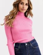Asos Design Roll Neck Sweater In Fine Knit Rib-pink