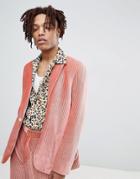 Asos Edition Skinny Suit Jacket In Pink Velvet Plisse