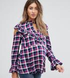 Asos Maternity Check Top With Flared Sleeve And Ruffles-multi