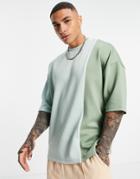 Asos Design Oversized T-shirt In Sage Green Scuba Color Block