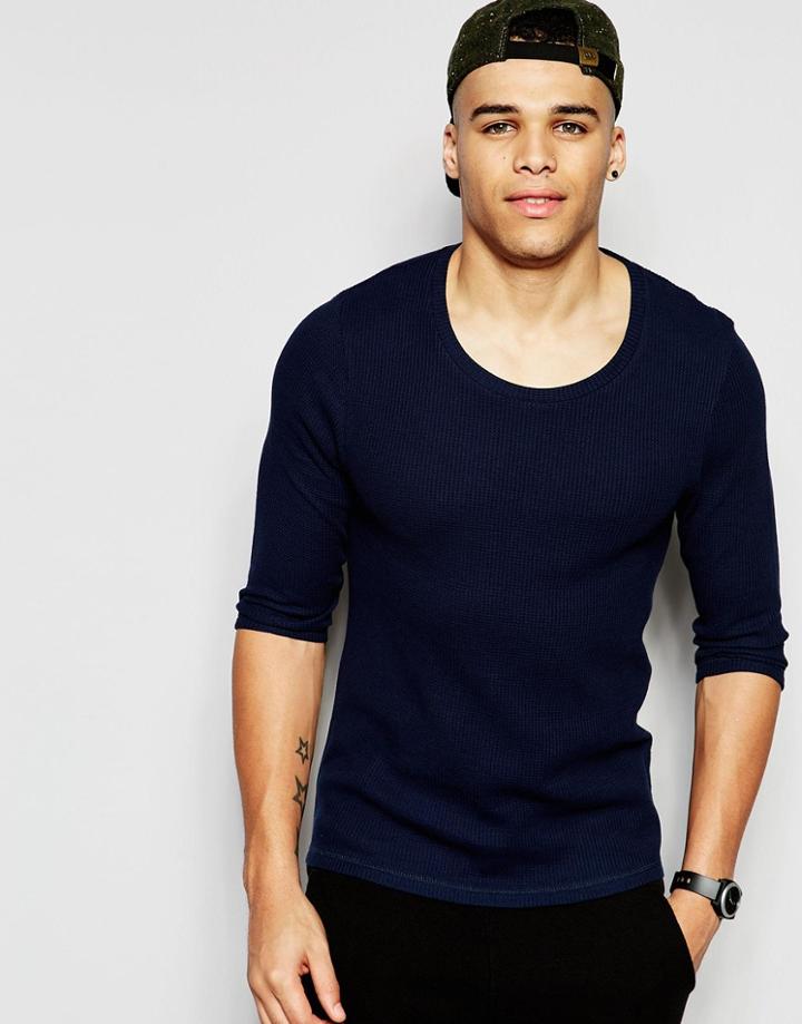 Asos Waffle Jersey Muscle Longline Long Sleeve T-shirt With Drop Hem In Navy - Navy