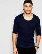 Asos Waffle Jersey Muscle Longline Long Sleeve T-shirt With Drop Hem In Navy - Navy
