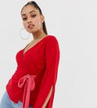 Boohoo Petite Flare Sleeve Ribbed Tie Side Top In Red And Pink - Multi