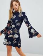 Parisian High Neck Floral Dress With Flare Sleeve - Navy