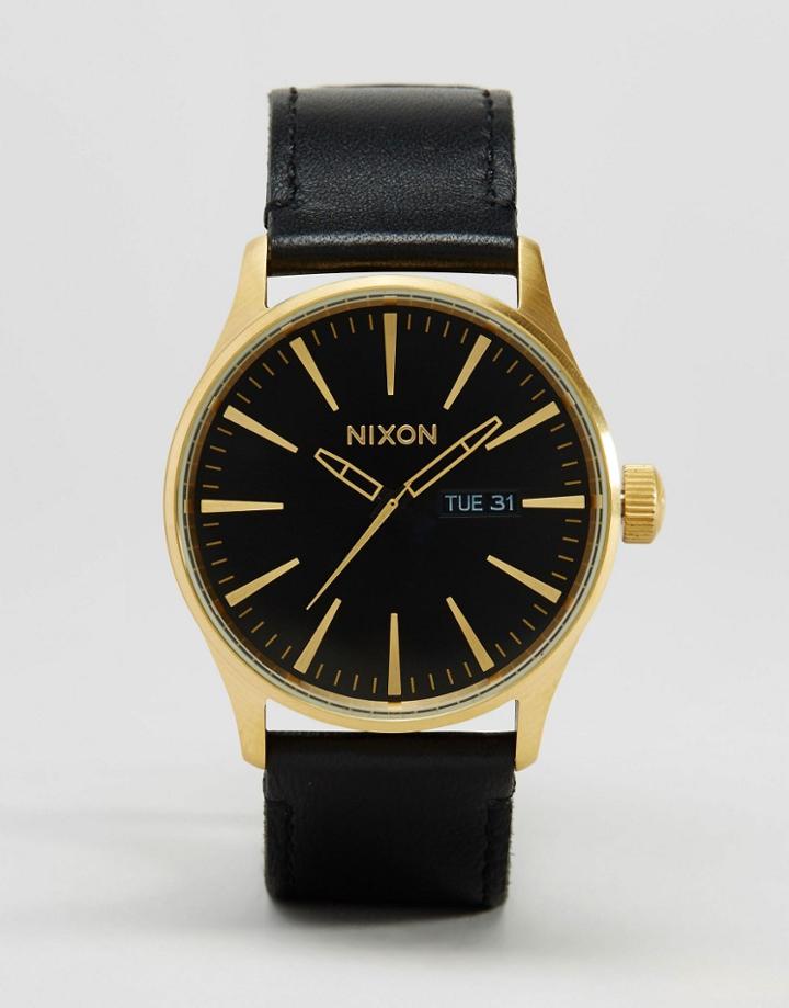 Nixon Sentry Leather Strap Watch - Black