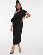 Asos Design Shirred Waist Midi Dress With Fallen Shoulder In Black