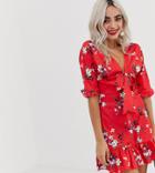 Parisian Petite Tie Front Skater Dress In Red Floral