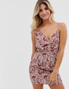 In The Style X Fashion Influx Asymmetric Cowl Neck Mini Dress In Blush Floral-multi